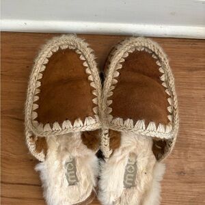 Mou Women’s Chestnut Brown Suede Shearling-Trim Moccasins